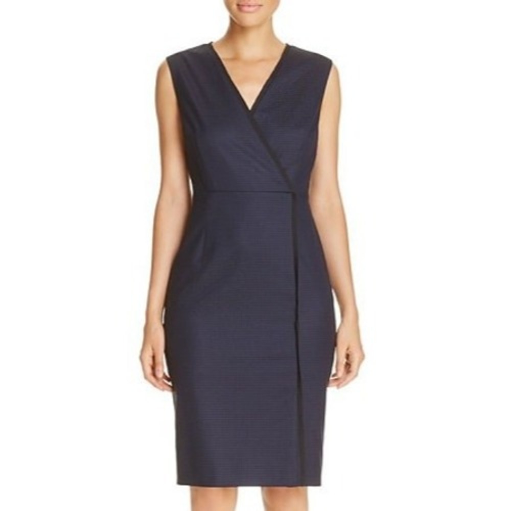 T Tahari Navy Blue Sleeveless Dolce Check Faux Wrap Sheath Dress Size 6